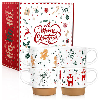 Qiksion Christmas Mugs, 16 Ounce Ceramic Set of 4, Red Green