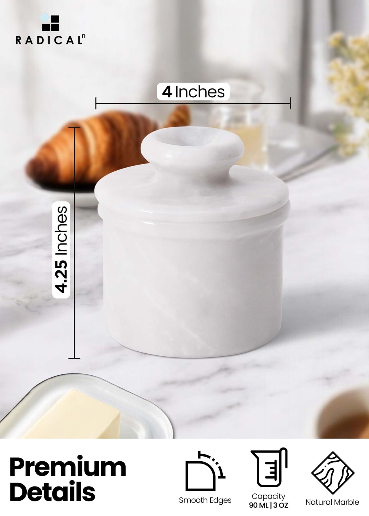 Radicaln Marble Butter Keeper, 4.25 Inches, White