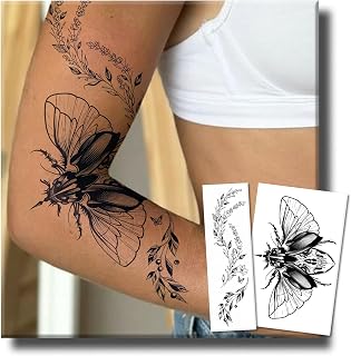 Semi Permanent Tattoo, Dynamic Beetle & Wild Floral Vine Design, Large