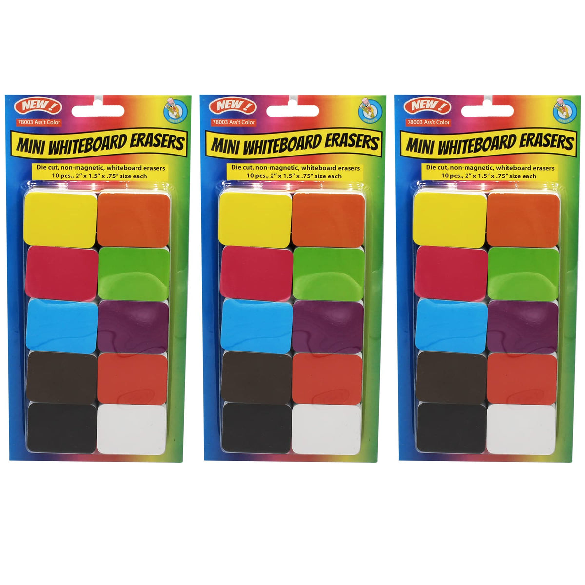 Productions Non-Magnetic Mini Whiteboard Erasers by Ashley – 2" x 1.5" x 0.75", Plastic, Multi, Model ASH78003-3