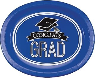 Creative Converting Congrats Grad Pcs 8-Count Oval Paper Platters for Graduation Party, School Spirit, Cobalt Blue (320053)