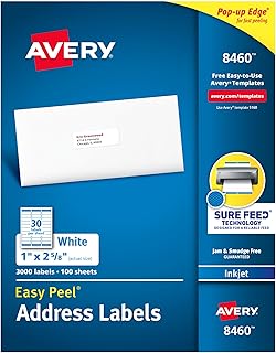 Avery Easy Peel® Printable Address Labels, Sure Feed® Technology, 1" x 2-5/8" Customizable Stickers, White, 3,000 Blank Mailing Labels, Great for Mailing, Shipping, and More (8460)