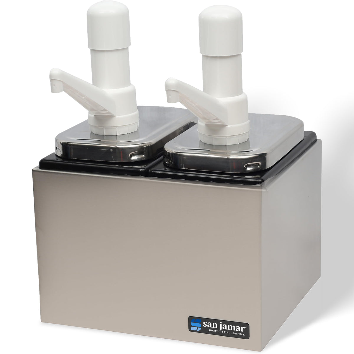 San Jamar Stainless Steel Condiment Pump Service Center with 2 Wells Black Jars by Carlisle FoodService Products – 12 x 8.25 x 8", Stainless Steel, Stainless, Model P9712