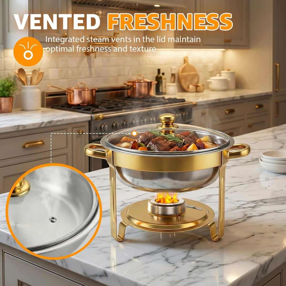 Hetorosu Round Chafing Dish Set, 5 Quart Capacity, Gold 4 Pack
