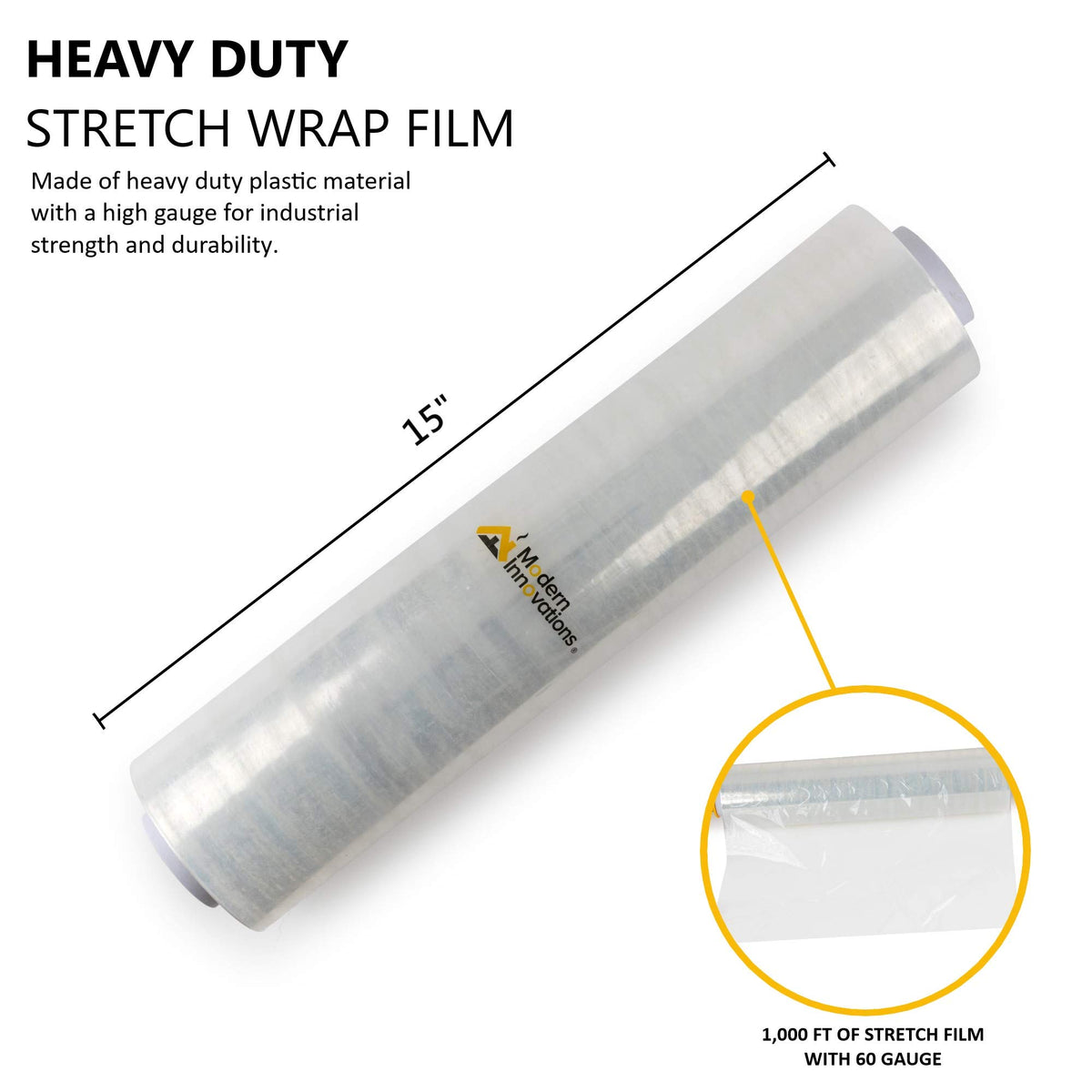 15 Inch Clear Stretch Wrap Replacement Roll (4 Refill Rolls-4000 Feet) No Handle by Modern Innovations – 4 Count, Plastic, Refill, Pack of 4, Model 1143