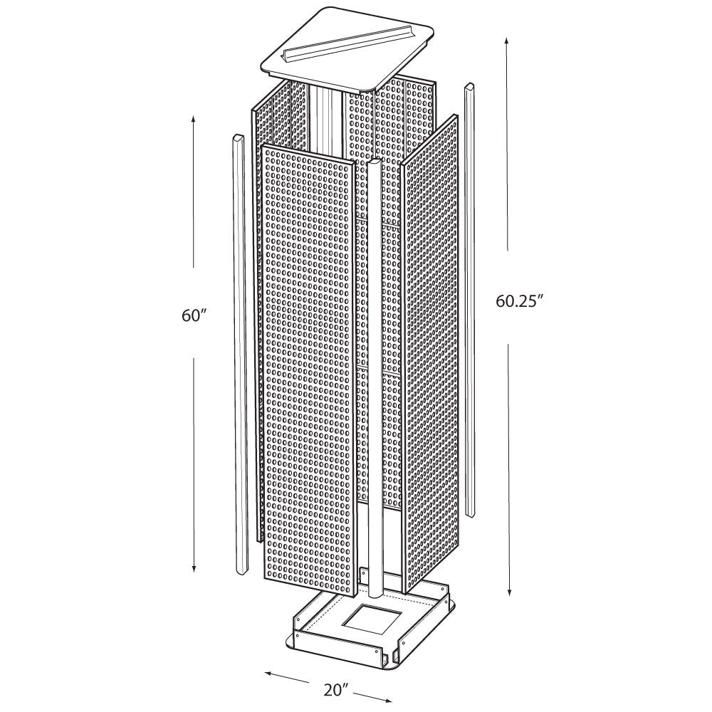 FOUR-SIDED PEGBOARD TOWER FLOOR DISPLAY ON REVOLVING BASE. PANEL SIZE: 16"W X 60"H by Azar Displays – Clear, Model 700405-CLR
