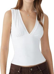 Womens Deep V Neck Tank Tops Double Lined Ruched Slim Fit Summer Sleeveless Going Out Tops