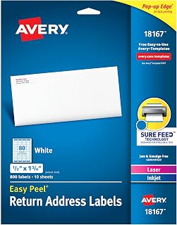 Avery Printable Return Address Labels, Sure Feed® Technology, 0.5" x 1.75", White, 800 Blank Mailing Labels (18167)
