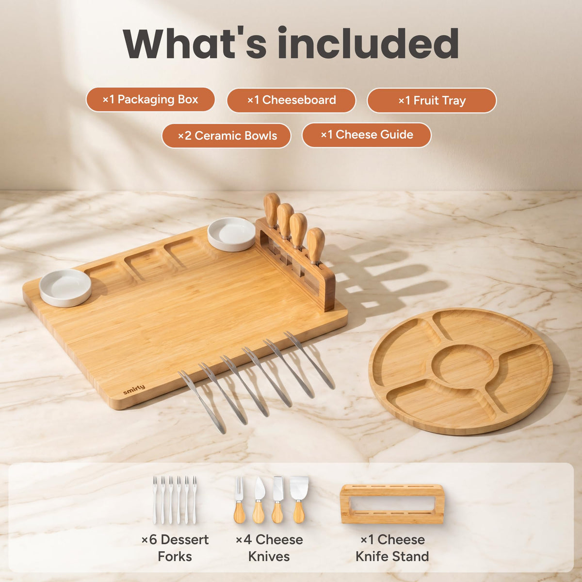 Smirly Bamboo Charcuterie Set, Large Serving Board with Knives and Bowls