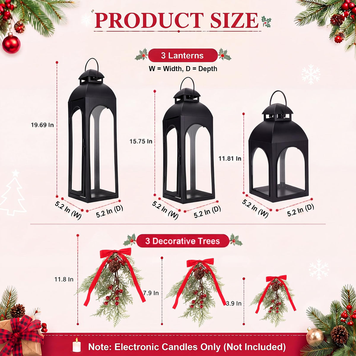 Glooglitter Christmas Lantern Set, 20 16 12 Inch, Black Green Red