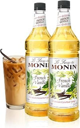 French Vanilla Syrup with Monin BPA Free Pump, Boxed, Versatile Flavor, Natural Flavors, Great for Coffees, Cocktails, Shakes, and Kids Drinks, Non-GMO, Gluten-Free (1 Liter, 2-Pack)