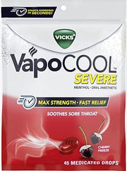 Vicks VapoCool Severe Medicated Sore Throat Drops, Max Strength Menthol, Soothes Sore Throat Pain, Cherry Flavor, 45ct