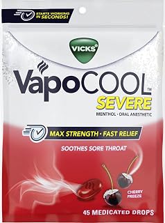 Vicks VapoCool Severe Medicated Sore Throat Drops, Max Strength Menthol, Soothes Sore Throat Pain, Cherry Flavor, 45ct