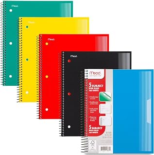 Mead Spiral Notebook, 5 Pack, 5 Subject, Wide Ruled Paper, Plastic Cover, 8" x 10-1/2", 160 Sheets per Notebook, Black, Red, Blue, Green and Yellow (930101A-ECM)