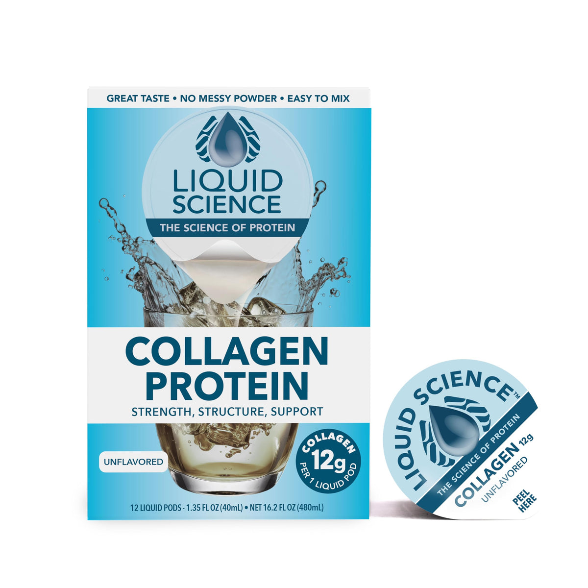 Liquid Science Unflavored Collagen Protein Pods by Java House – 12 Count (Pack of 1), Light Blue