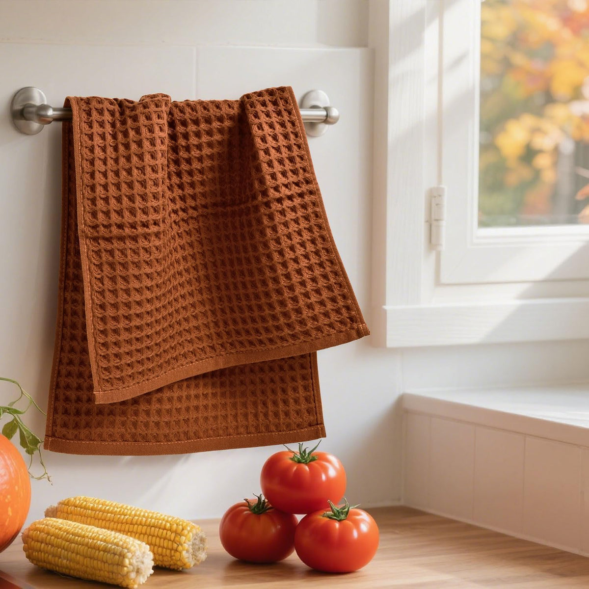 Jacquotha Waffle Hand Towels, 100 Percent Cotton, Rust, Set of 2