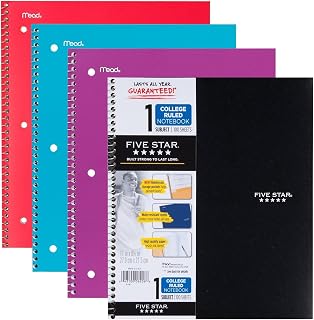 Five Star Wirebound Notebook, College Ruled, 1 Subject, 100 Sheets, 1 Notebook, Assorted Colors (Pack of 4)