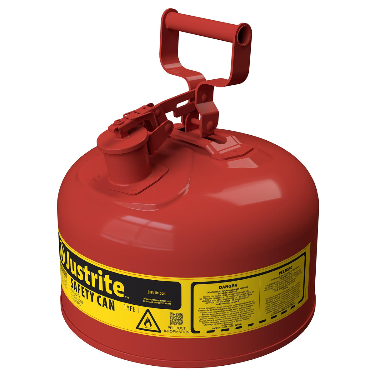Type I Gasoline Safety Can by Justrite – 2.5 Gallon, 2.5 gallons, Alloy Steel, Red, Model 7125100