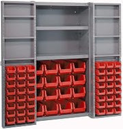 Global Industrial Deep Door Bin Cabinet, Includes 64 Red Plastic Bins | Padlockable Steel Cabinet, 38"W x 24"D x 72"H, For Tool and Parts Storage, Assembly Required