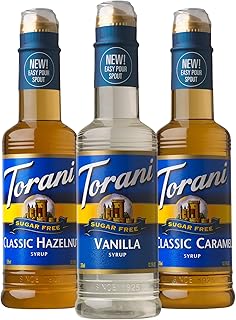 Torani Sugar Free Coffee Syrup, Vanilla, Caramel, and Classic Hazelnut Variety 3-Pack, Flavoring for Drinks, New Easy-Pour Spouts Included, Half-Size Bottles, 12.7 Fl Oz Ea