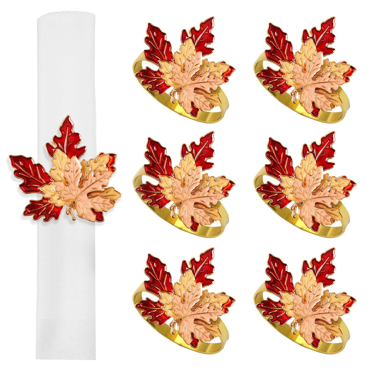 Emivery Maple Leaf Napkin Rings, Metal, Set of 6, Red and Yellow