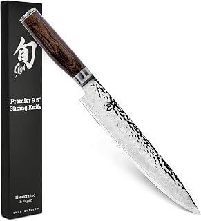 Shun Premier 9.5" Slicing Knife, Handcrafted Japanese Meat Slicing Knife, Long and Thin Blade, VG-MAX Core with Damascus Stainless Steel Cladding, Pakkawood Handle