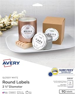Avery Printable Round Labels with Sure Feed,2.5" Diameter,Glossy White,90 Customizable Labels (22830),(Pack of 5)