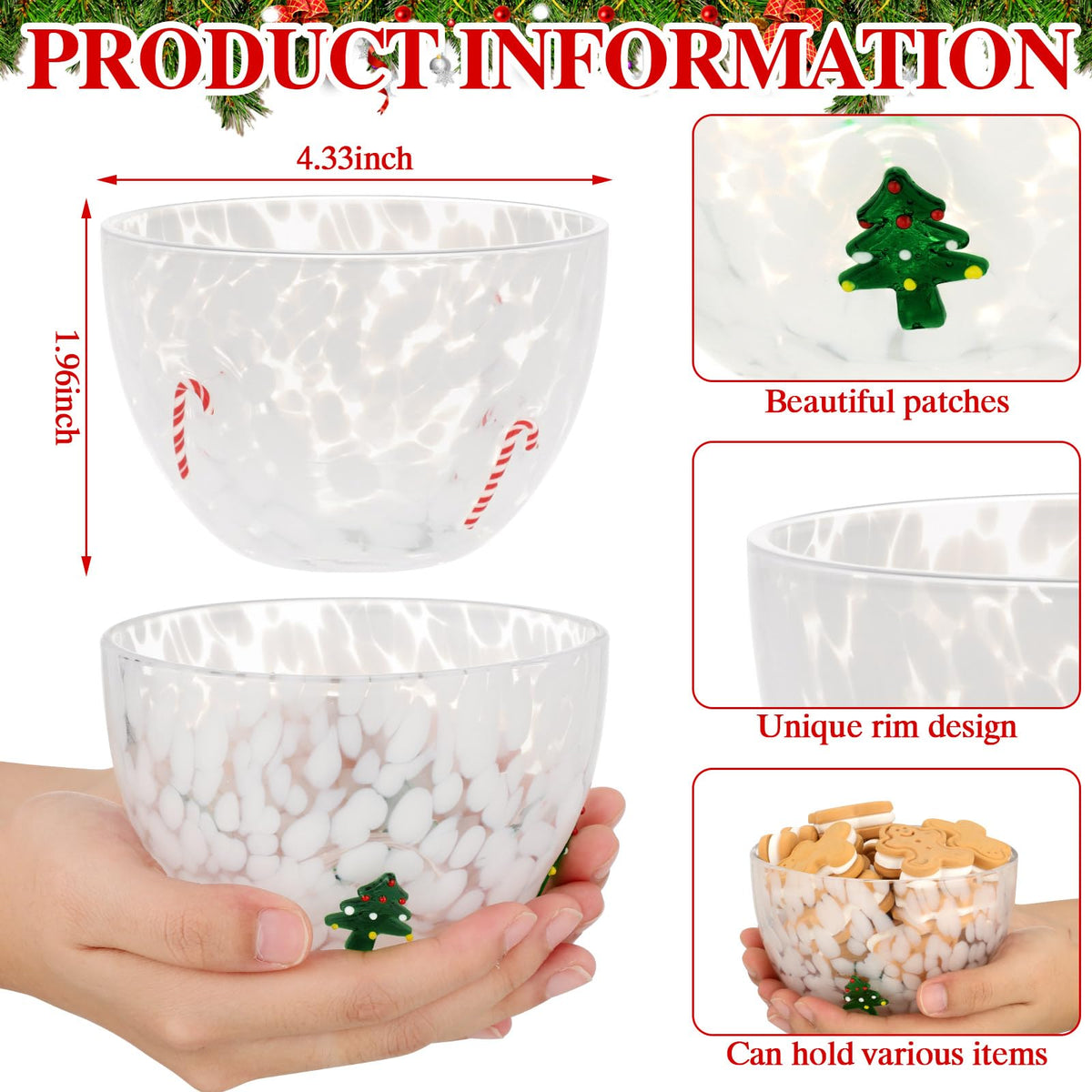 FoldTier Glass Candy Bowls, 14 Ounces, Set of 2, Christmas Tree and Candy Cane
