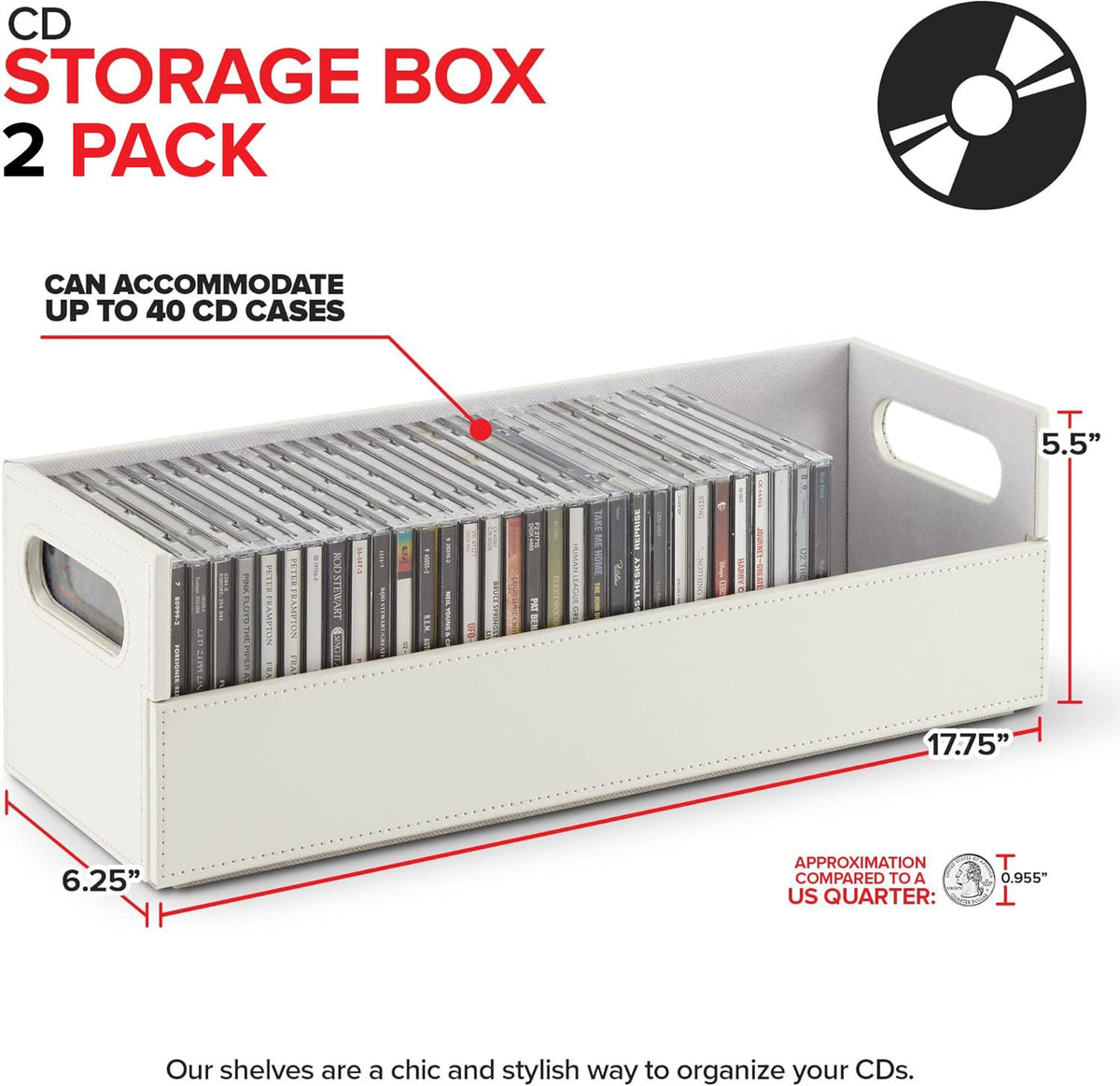 2- Pack CD Storage Box by Stock Your Home – Faux Leather, White, Pack of 2, Model Stock Your Home 2003
