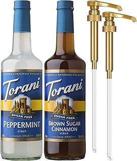 Torani Sugar Free Syrup, Holiday Flavors Variety 2-Pack, Brown Sugar Cinnamon and Peppermint Syrup for Drinks, Zero Calories, Pumps Included, 25.4 Fl Oz Ea