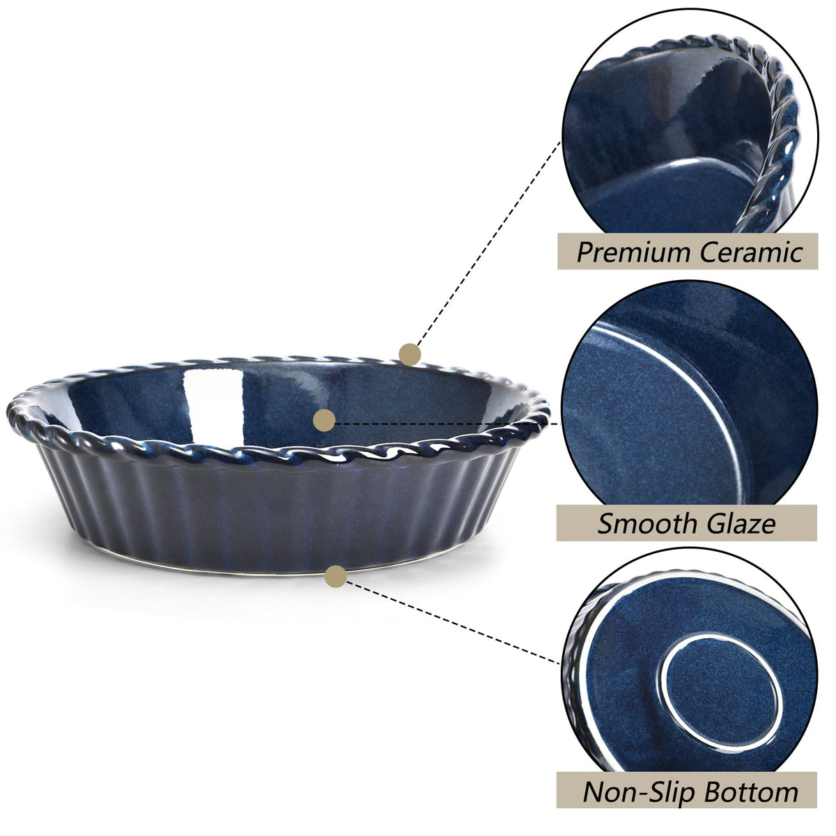 Peohud Ceramic Pie Dish Set, 10 Inch Deep Fluted, 54 Ounce, Blue