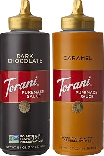 Torani Puremade Caramel and Dark Chocolate Sauce Variety 2-Pack for Desserts and Coffee Drinks, 16.5 Oz Ea