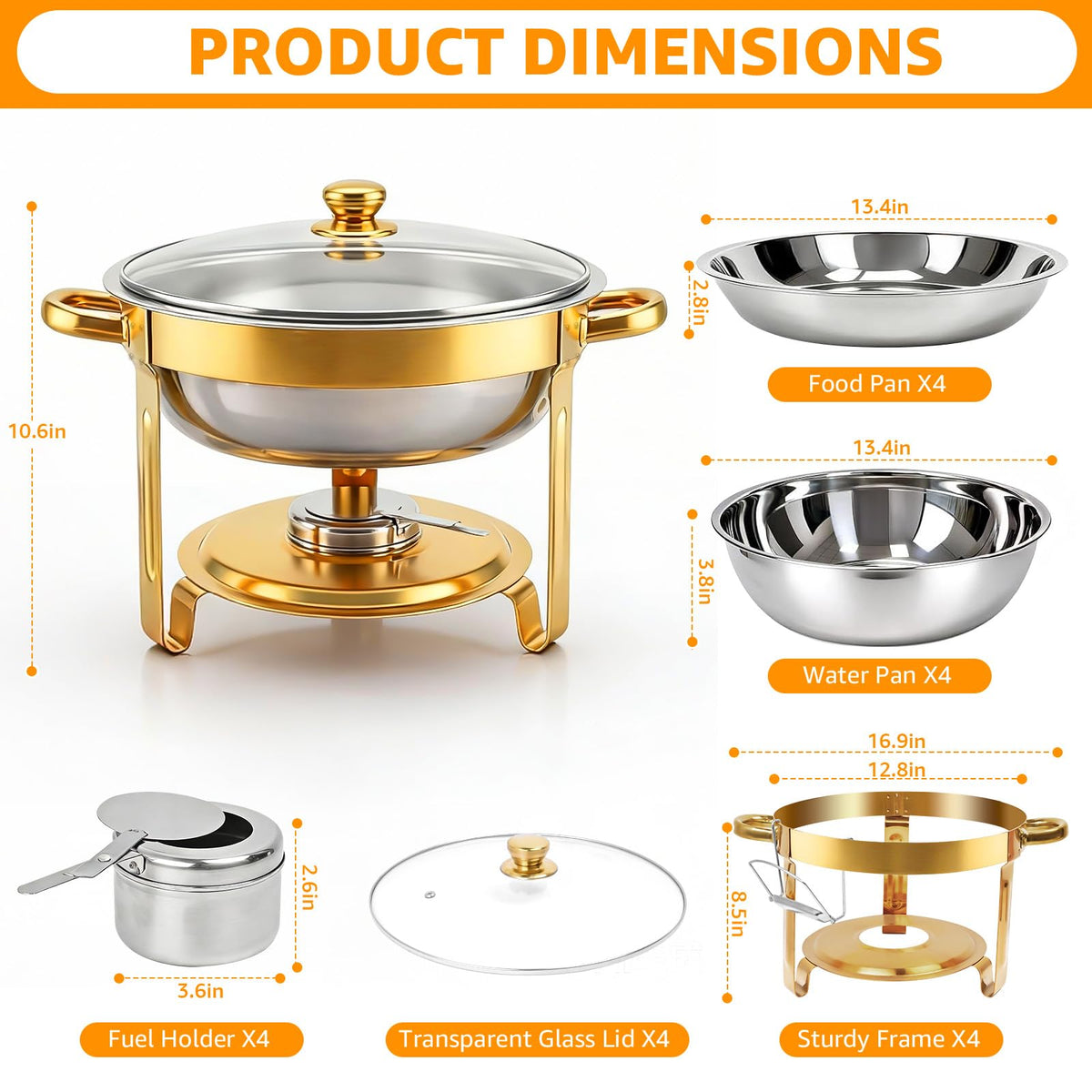 Hetorosu Round Chafing Dish Set, 5 Quart Capacity, Gold 4 Pack
