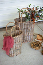 Set of Two Tall Oval Wicker Baskets by KALALOU – 16"L x 9"W x 27"H, Wicker, Brown, Model CLAN1077