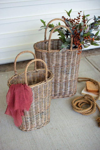 Set of Two Tall Oval Wicker Baskets by KALALOU – 16"L x 9"W x 27"H, Wicker, Brown, Model CLAN1077