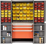 Global Industrial Storage Cabinet with Shelves, 3 Drawers, Yellow/Red Bins, 38x24x72