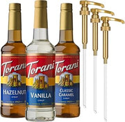 Torani Syrups, Classic Caramel, Hazelnut, and Vanilla Syrup Variety 3-Pack, Coffee Syrups for Drinks, Pumps Included, 25.4 Fl Oz Ea