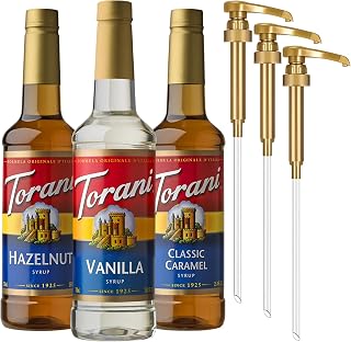 Torani Syrups, Classic Caramel, Hazelnut, and Vanilla Syrup Variety 3-Pack, Coffee Syrups for Drinks, Pumps Included, 25.4 Fl Oz Ea