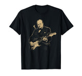 Winston Churchill Playing Electric Guitar Rocker Humor T-Shirt by Winston Churchill Playing Guitar Rocker Humor Tees – Black, Model WW2E50PRYBK
