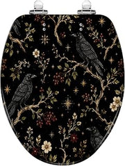 Elongated Gothic Raven Floral Golden Stars Black Toilet Seat