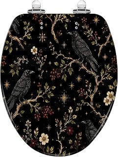 Elongated Gothic Raven Floral Golden Stars Black Toilet Seat