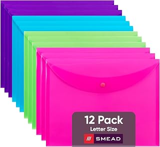 SMEAD Plastic Envelopes, Snap Closure, Document Folder, Assorted 12-Pack | Tear and water resistant translucent plastic that holds up to 50 sheets of letter paper and wipes clean with a cloth.