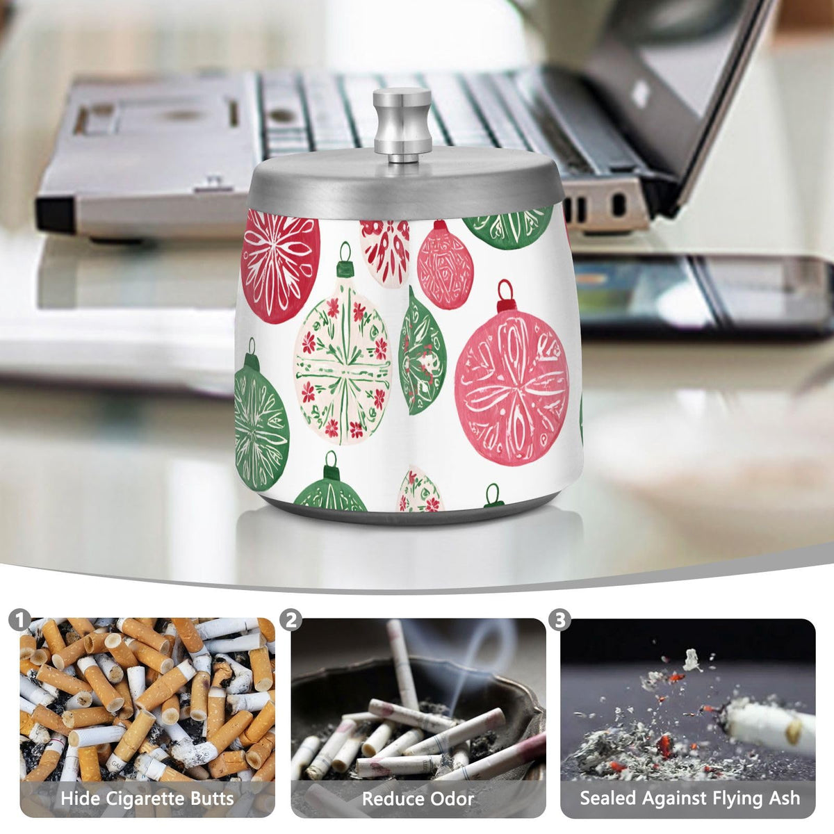 Christmas Light Ball Pattern Splash Ashtray with Lid by ALAZA – Stainless Steel, C4279, Model g541056504p1082c1149s2657
