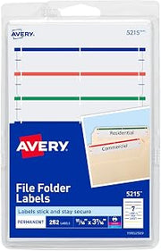 Avery File Folder Labels on 4" x 6" Sheets, Easy Peel®, Assorted, Print & Handwrite, 2/3" x 3-7/16", 252 Labels (5215)