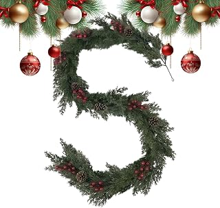 Green Christmas Garland – 1.85m Pine Red Berry Decor | 1.85m Green Christmas Garland Artificial Pine with Red Berries for Table Mantel Porch Mailbox Kitchen Office Gate