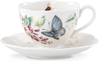 Lenox Butterfly Meadow Blue Porcelain Tea Cup and Saucer Set | dishwasher safe, microwave safe | floral design, 2-piece | 8oz, gift for women, tea cup and saucer set