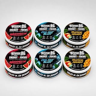 Rivox Focus Pouches, 15 Count Cans, Nootropic Supplement with Caffeine, L-Theanine and Theobromine, Zero Nicotine, Zero Sugar (6 Cans)