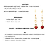Crystal Channel Drop Dangle Earring - Siam Red Color by Martiana Jewelry – 1 inch, Crystal, Pearl, Gold Tone Ear Hook, Siam Red Color, Model MJ-E109