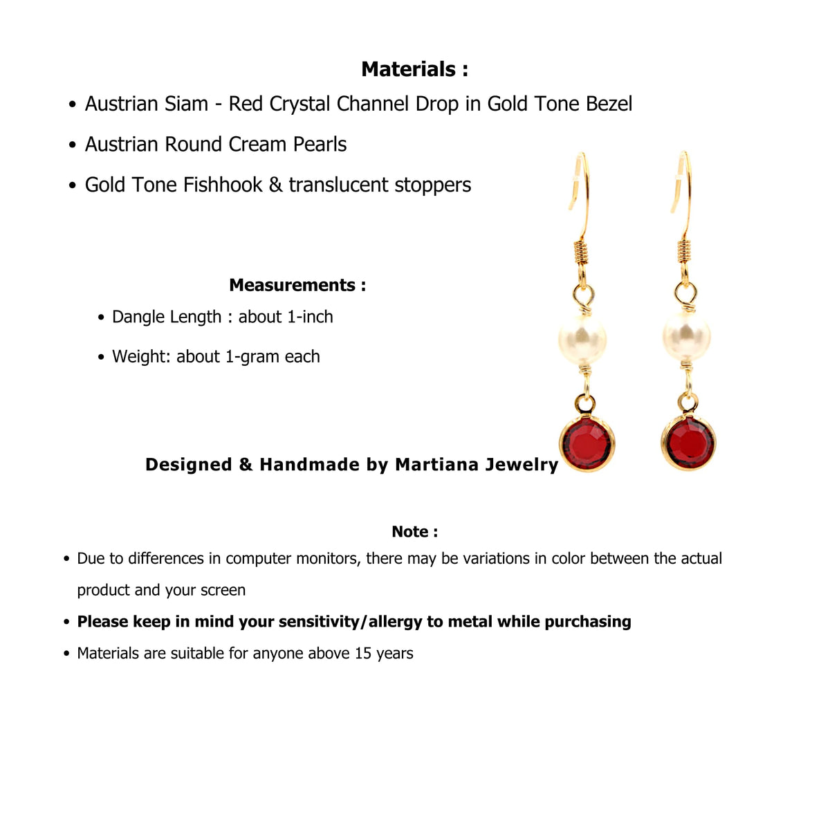 Crystal Channel Drop Dangle Earring - Siam Red Color by Martiana Jewelry – 1 inch, Crystal, Pearl, Gold Tone Ear Hook, Siam Red Color, Model MJ-E109