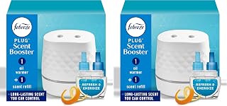 Febreze Plug Scent Booster Starter Kit, Oil Diffuser, Air Freshener Plug in, Continuous Scent, 2 Devices + 2 Refresh & Energize Refill (Pack of 2)